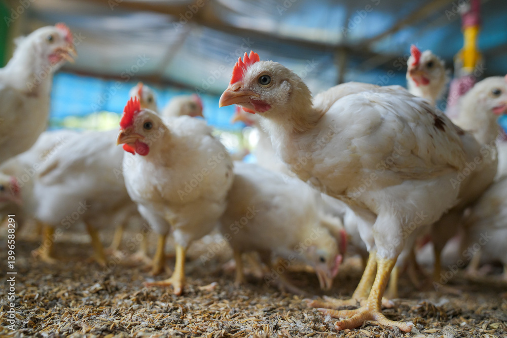 Fototapeta premium Group of healthy broiler chicken in poultry