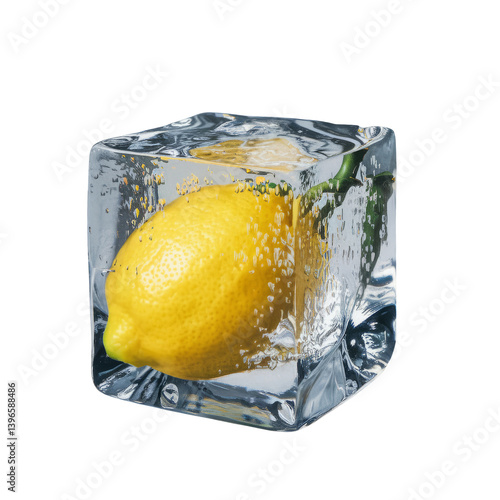 lemon frozen in ice cube on white background.