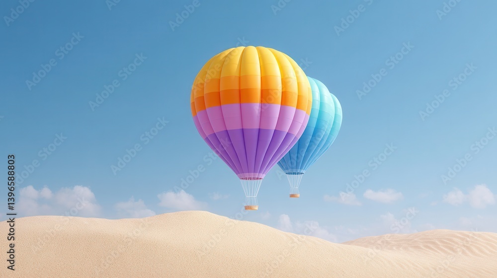 Fototapeta premium Vibrant hot air balloons float gracefully over a sandy landscape under a clear blue sky, creating a picturesque and serene scene.