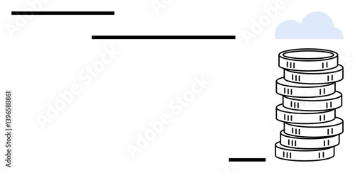 Tall stack of coins ascending beside horizontal lines symbolizing financial steps or progress. Ideal for savings, investment, economy, business, financial strategy, stability, and banking themes