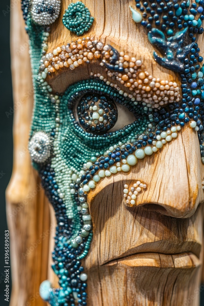 Fototapeta premium Carved wooden face with detailed eye and textured decorations on a pole.