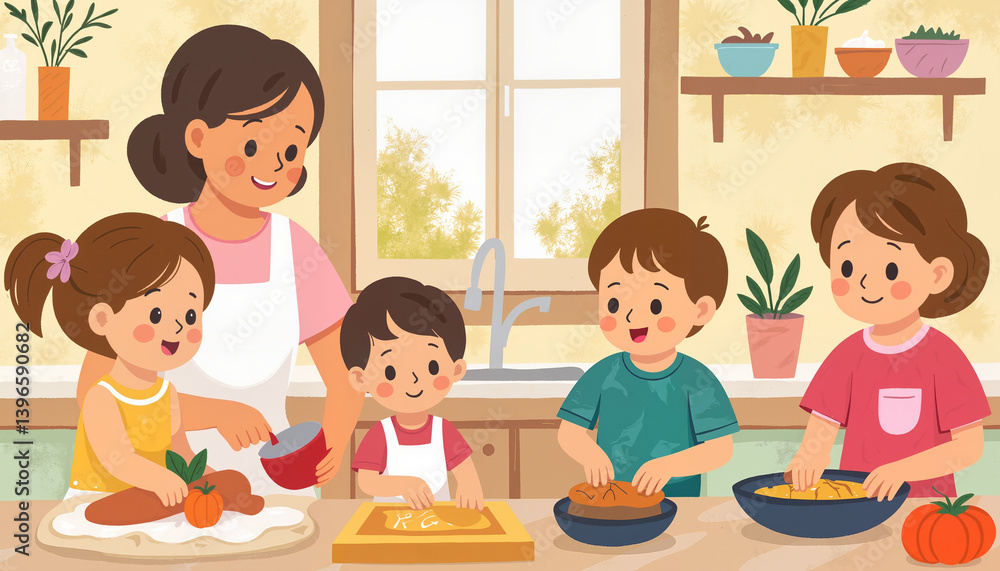 Family Cooking Together in a Bright Kitchen Family Cooking Together in a Bright Kitchen