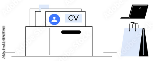 File box storing CVs with profile icons, nearby laptop and shopping bag reflecting professional opportunities. Ideal for recruitment, job search, HR management, career planning, organization, digital