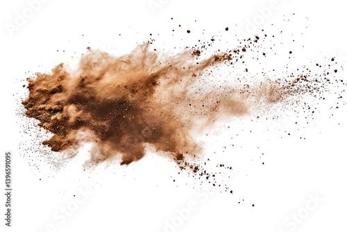 a dynamic explosion of brown powder resembling dust or cocoa against a white background showcasing movement and texture. for artistic or culinary purposes