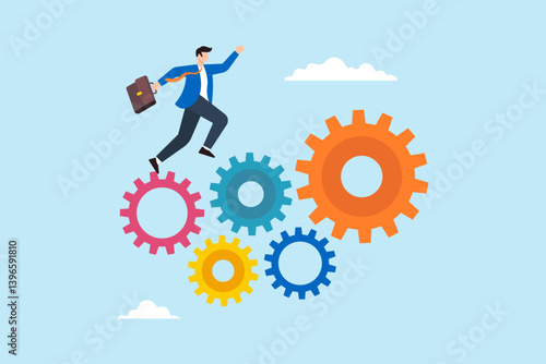 Flat illustration of businessman jump onto cogwheel symbolizing project management workflow