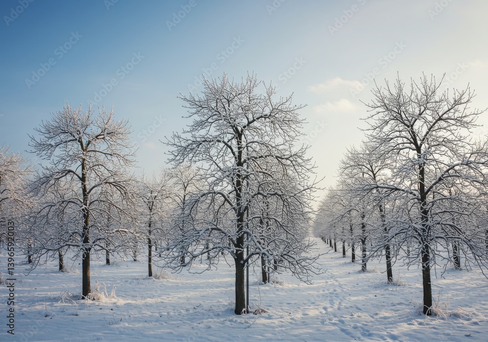 A winter scene showing rows of snow covered trees under a bright blue and slightly cloudy sky A winter scene showing rows of snow covered trees under a bright blue and slightly cloudy sky