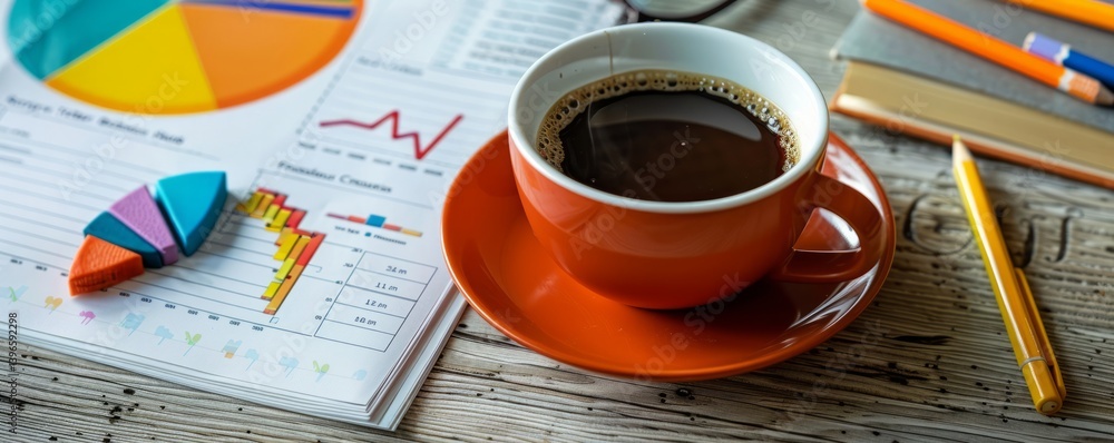 Performance marketing dashboard showing ROI metrics, ad campaigns results, surrounded by coffee and notes