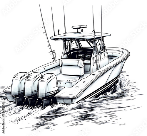 Fishing Boat On Water In Black And White Line Art Style Illustration
