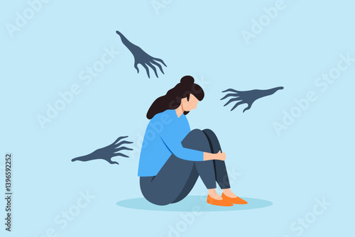 Flat illustration of depressed woman sit alone with abusive shadowy hand symbolizing harassment and fear