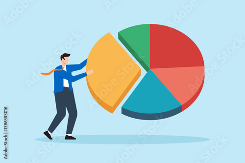 Flat illustration of businessman taking piece of colorful pie chart representing market share and revenue distribution