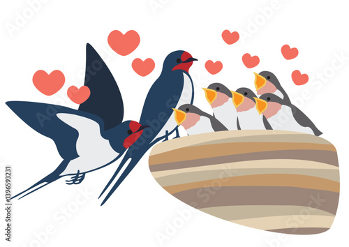 餌をねだるツバメの雛と親鳥のベクターイラストセット