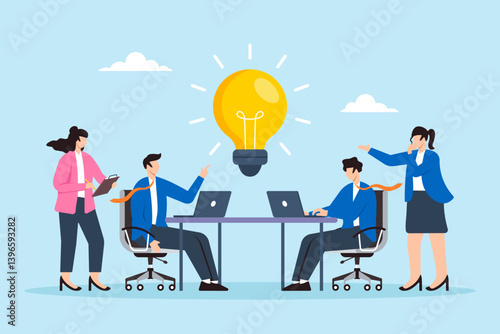 Flat illustration of businessmen and businesswomen brainstorm new lightbulb idea during team meeting