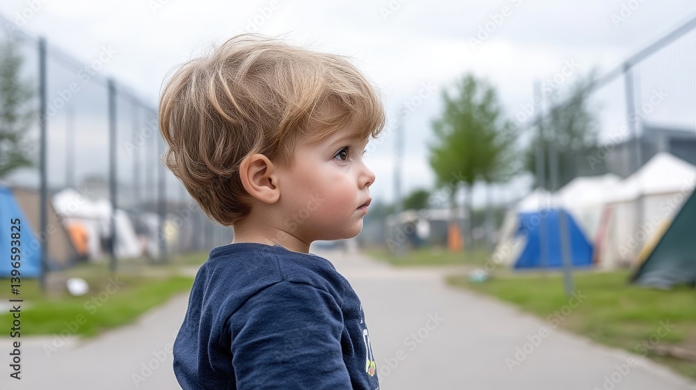 Fototapeta premium Young child observing a refugee camp