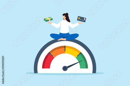Flat illustration of happy woman hold banknote and credit card sitting above credit gauge with good rating