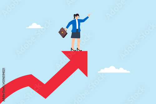 Flat illustration of successful businesswoman stand on growth arrow pointing toward bright future