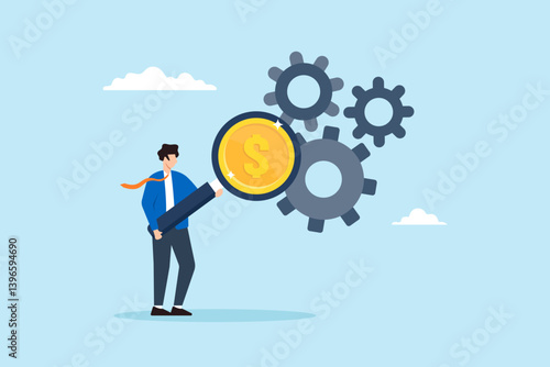 Flat illustration of businessman use magnifier to inspect dollar money from cogwheel symbolizing cost effective