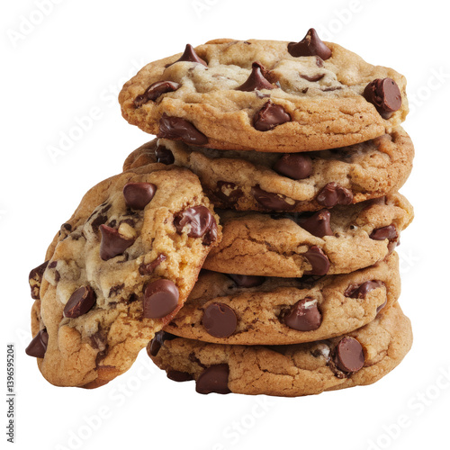 stacked chocolate chip cookies on white background