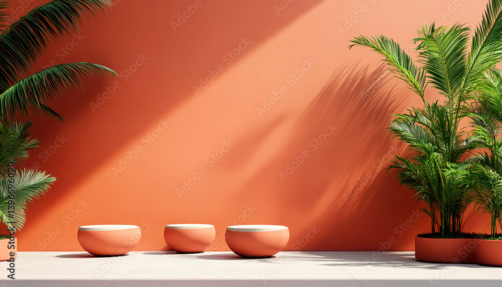 Minimalist design featuring potted plants against an orange wall. Minimalist design featuring potted plants against an orange wall.