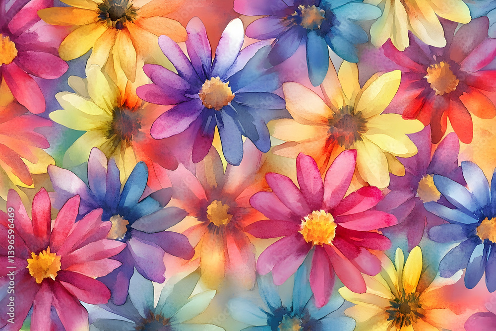 A vibrant watercolor painting of a profusion of colorful daisies. A vibrant watercolor painting of a profusion of colorful daisies.
