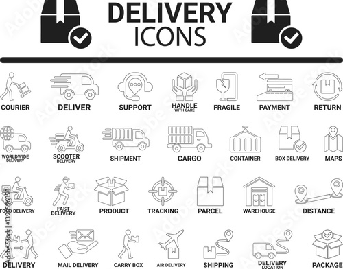 Delivery service Line art icon set. It contains order tracking, home delivery, warehouse, truck, scooter, courier, and cargo icons. Shipping symbol. Solid icons vector collection.