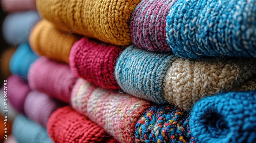 Fototapeta premium Stack of Colorful Knitted Textiles with Varied Texture and Pattern