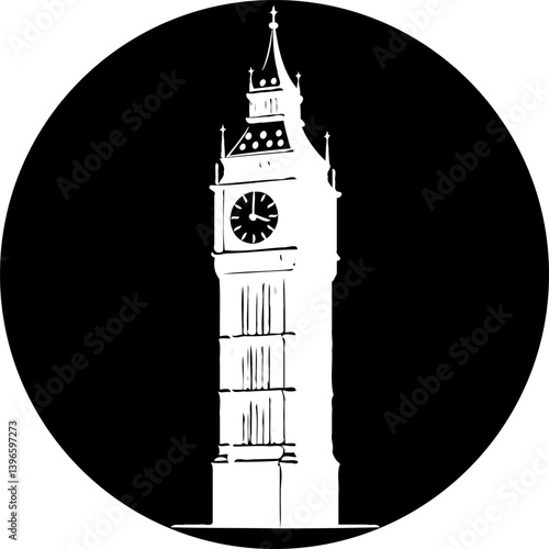 Iconic british landmark: stylized graphic of big ben against a bold black circle