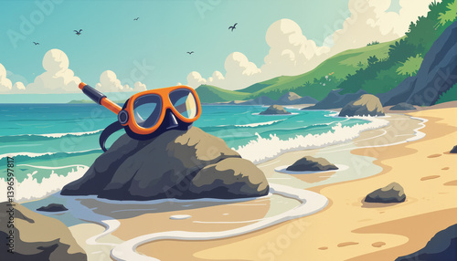 snorkeling gear resting on a rock by the beach  