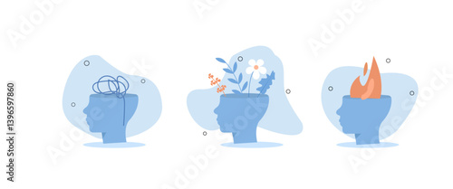 Mental health illustration set. Woman character solve mental problems, learn self accepting and how to find herself. Psychotherapy concept