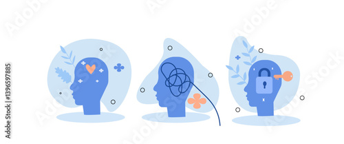 Mental health illustration set. Woman character solve mental problems, learn self accepting and how to find herself. Psychotherapy concept