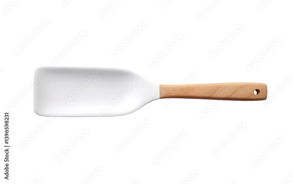 Sleek white spatula with a natural wood handle against a black background perfect for cooking and serving minimalist Sleek white spatula with a natural wood handle against a black background perfect for cooking and serving minimalist