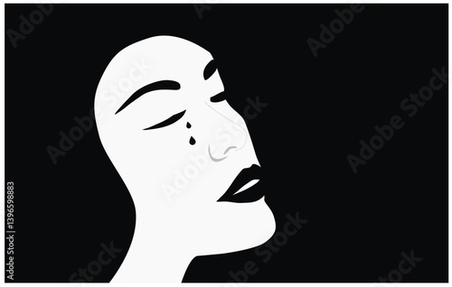 Silhouette of crying woman face on black background. Sadness and depression, broken heart feeling concept	
