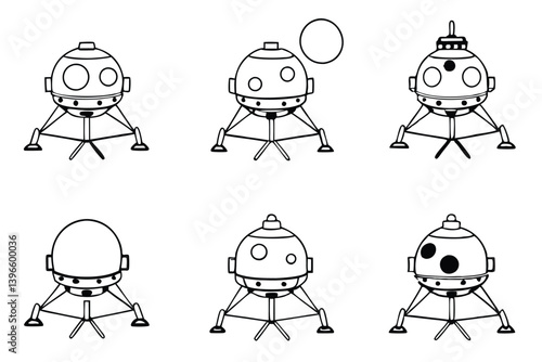 Lunar lander line art drawing in black and white