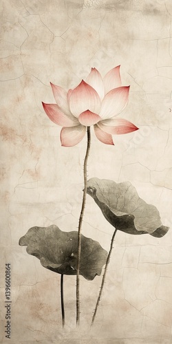 A pink lotus flower with leaves on a beige background in painting style.