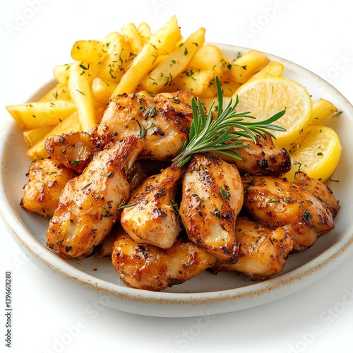 Serving of Grilled Chicken Bites with Fries and Lemon Wedges