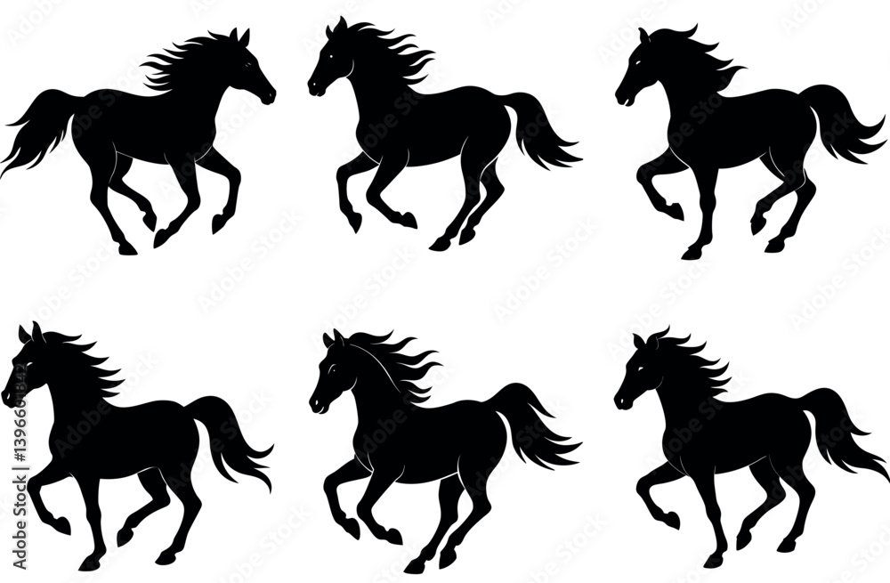 Fototapeta premium Stylized Horse Silhouette Vector Set with 6 Unique Running Horse Designs for Equestrian Branding, Animal-Themed Crafts, T-Shirt Prints, Sports Logos, and Wildlife Artwork