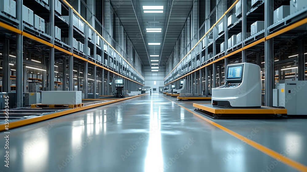 Panorama of a high-tech fulfillment center, rows of AI robots operating conveyor systems, smart shelving adjusting heights automatically in response to demand. Panorama of a high-tech fulfillment center, rows of AI robots operating conveyor systems, smart shelving adjusting heights automatically in response to demand.