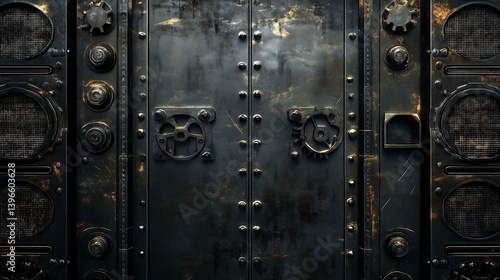 Wallpaper Mural A detailed view of an aged, industrial door featuring metal textures and intricate designs, showcasing vintage craftsmanship and character. Torontodigital.ca