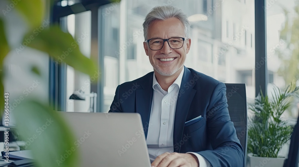 Executive portrait of happy middle-aged businessman in modern office environment Executive portrait of happy middle-aged businessman in modern office environment