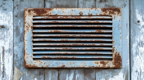 Wallpaper Mural A weathered, rusty ventilation grate mounted on a wooden wall, showcasing industrial charm and age with a touch of natural texture. Torontodigital.ca