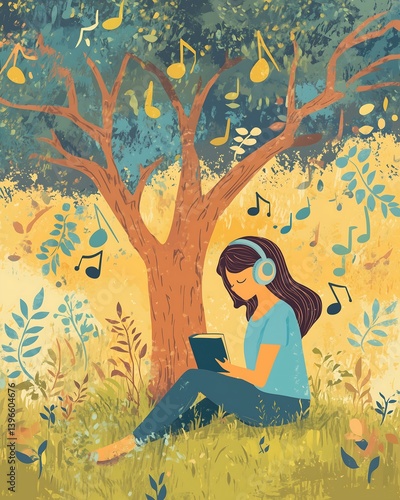 Wallpaper Mural A young woman enjoys music while reading under a tree, surrounded by nature and colorful foliage, creating a serene atmosphere. Torontodigital.ca