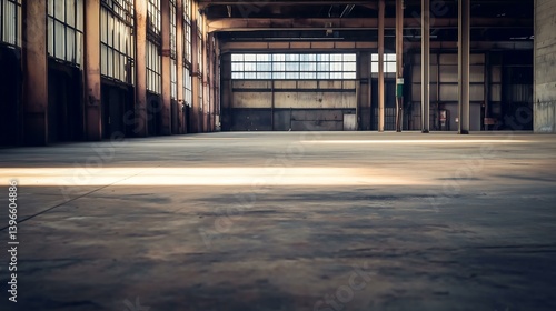Wallpaper Mural An empty, industrial warehouse space with concrete floor and large windows, showcasing a blend of light and shadows in a vast area. Torontodigital.ca