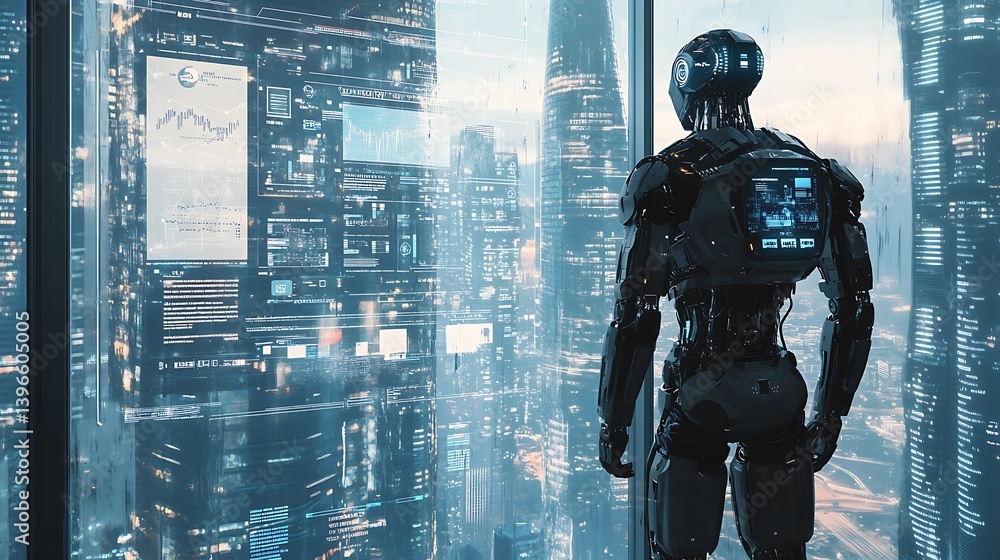 Wide shot of a high-rise tech office where a humanoid robot and business leader stand together post-handshake, digital whiteboard behind showing AI integration flowcharts. Wide shot of a high-rise tech office where a humanoid robot and business leader stand together post-handshake, digital whiteboard behind showing AI integration flowcharts.