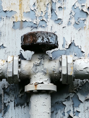 Wallpaper Mural Close-up of a rusty pipe valve against peeling blue paint, showcasing industrial decay and texture. Torontodigital.ca