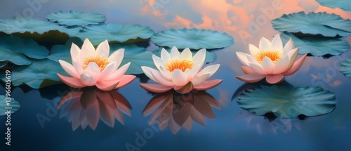 Three water lilies with lily pads float on water reflecting the sky.