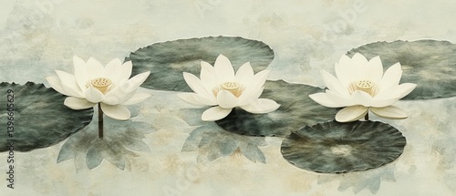 Three white water lilies bloom among lily pads in a pond.
