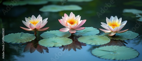 Three water lilies with pads float on a dark pond surface.