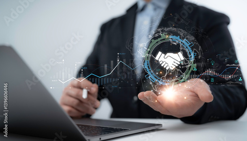 Obraz na plátně Businessman forming partnerships with futuristic interface and global analytics,