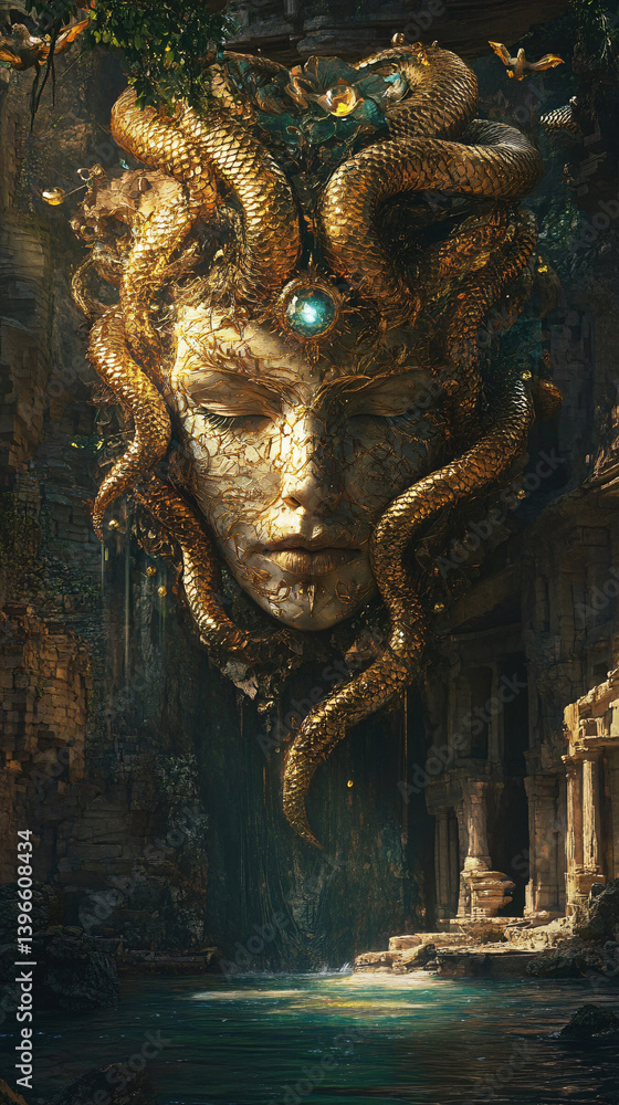 Naklejka premium Mythical Medusa Statue in Ancient Ruins with Serpents and Emerald Hues - A Journey into Greek Mythology and Enchantment