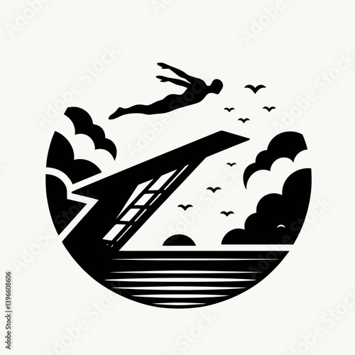  very simple flat and single minimalist Diving Board Silhouettes in black on a white background 