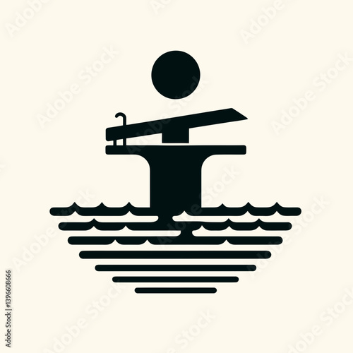  very simple flat and single minimalist Diving Board Silhouettes in black on a white background 